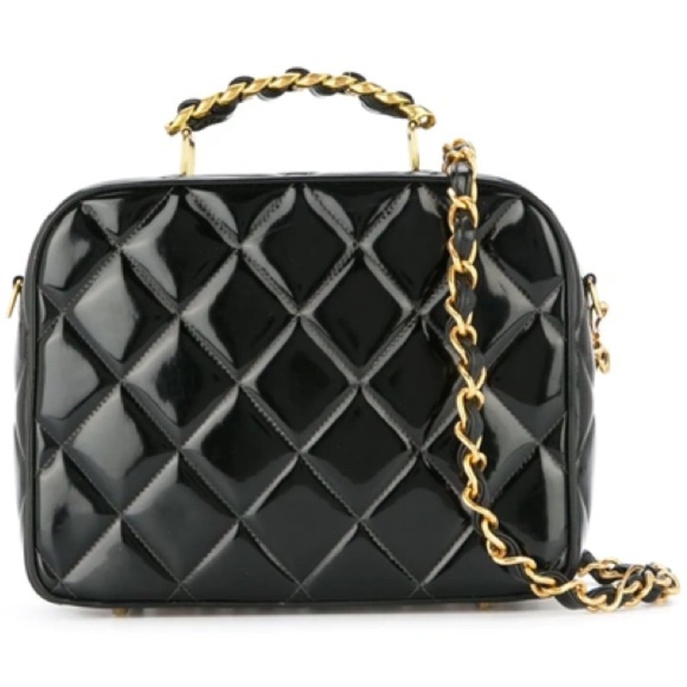 Chanel Black Patent Quilted   Vanity Case Top Handle Shoulder Bag